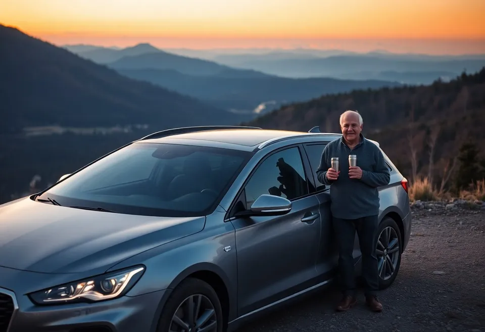Postój na widok w górach, auto zaparkowane na skraju drogi