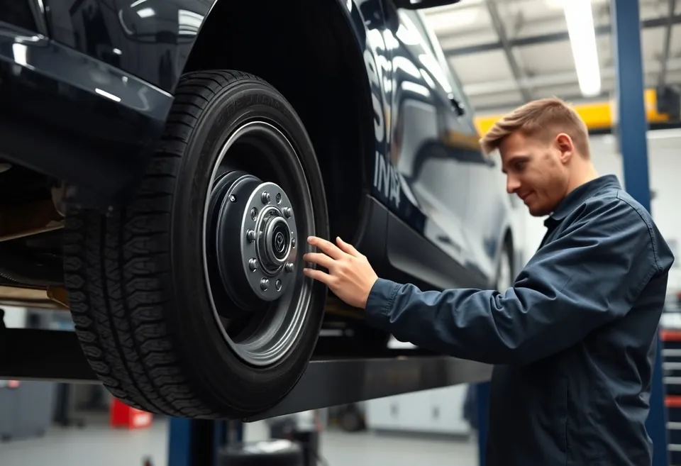 Auto na podnośniku podczas zimowego przeglądu, mechanik sprawdza opony